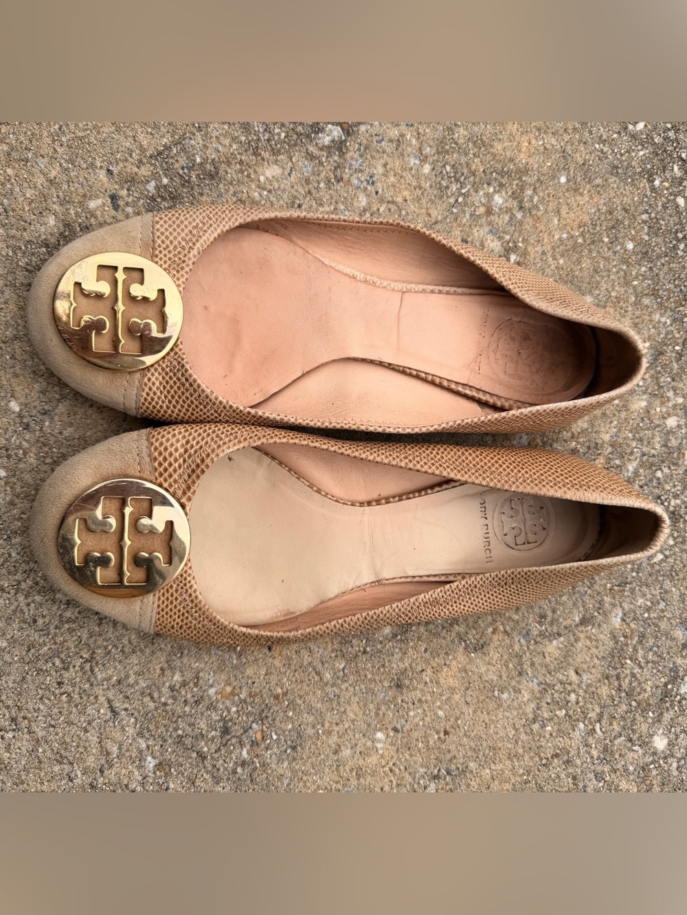 Tory Burch Tan Leather Logo Ballet Flats with Gold Emblems